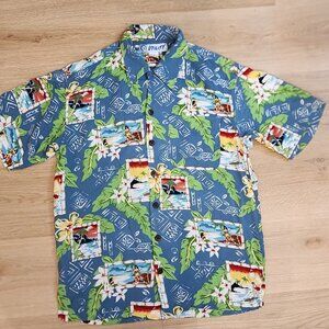 Vintage Utility Hawaiian Shirt Blue With Tropical Print & Beach Scenes Button-Up